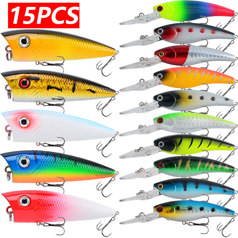 Fishing Lure Popper - 15pcs/lot Fishing Lure Minnow Popper Crank